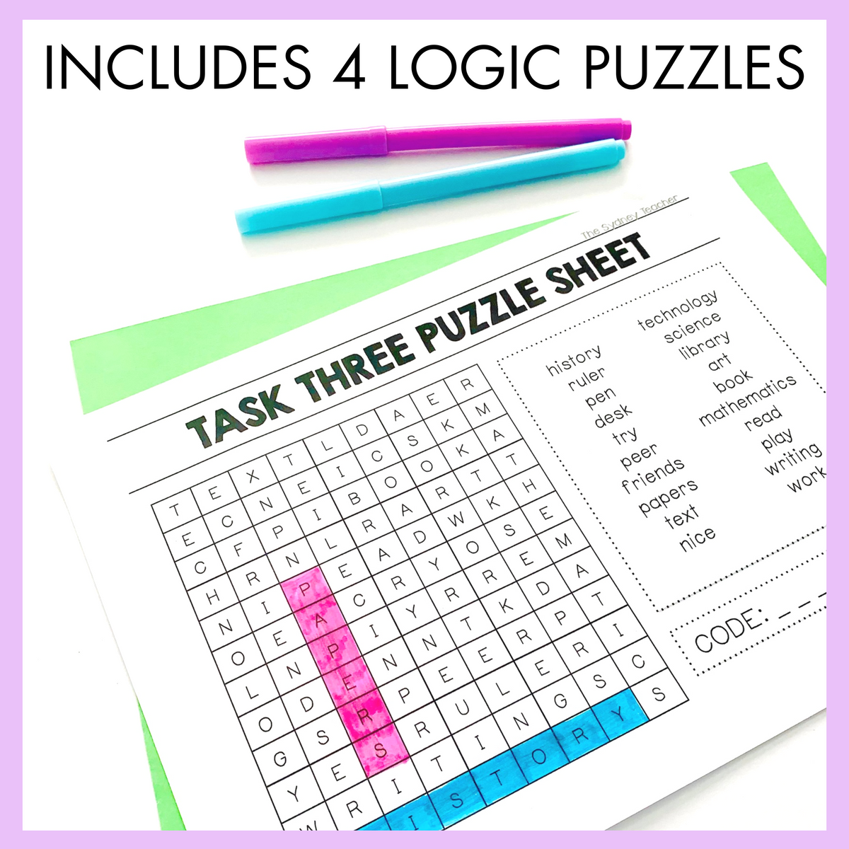 Logic puzzle sheet with colored markers on a white background. Above, the text reads 'Includes 4 Logic Puzzles'.