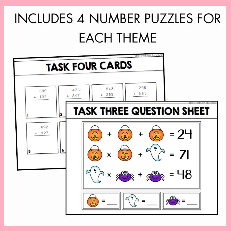 Educational math worksheets with Halloween-themed problems with labels Task Four Cards and Task Three Question Sheet on a pink background with text on top that reads 'Includes 4 Number Puzzles for Each Theme.'