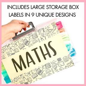 Storage box with 'MATHS' label with text 'Includes large storage box labels in 9 unique designs' on a pink background.