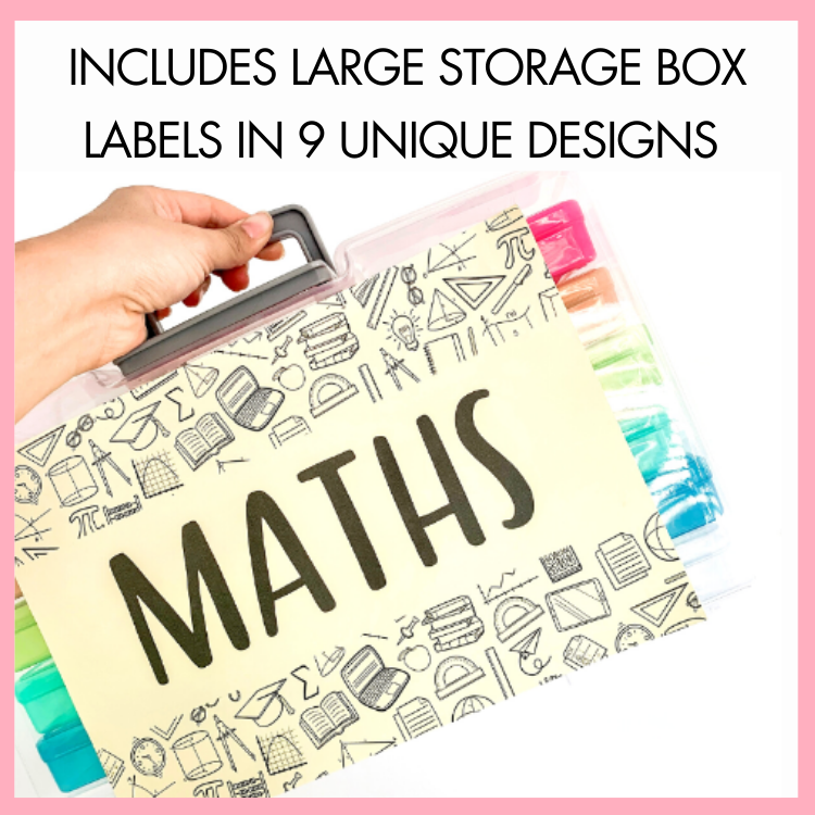 Storage box with 'MATHS' label with text 'Includes large storage box labels in 9 unique designs' on a pink background.
