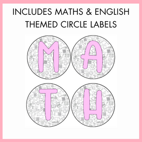 Four circular labels with 'MATH' in pink on a white background, with text 'includes maths and english themed circle labels' framed by a pink border.