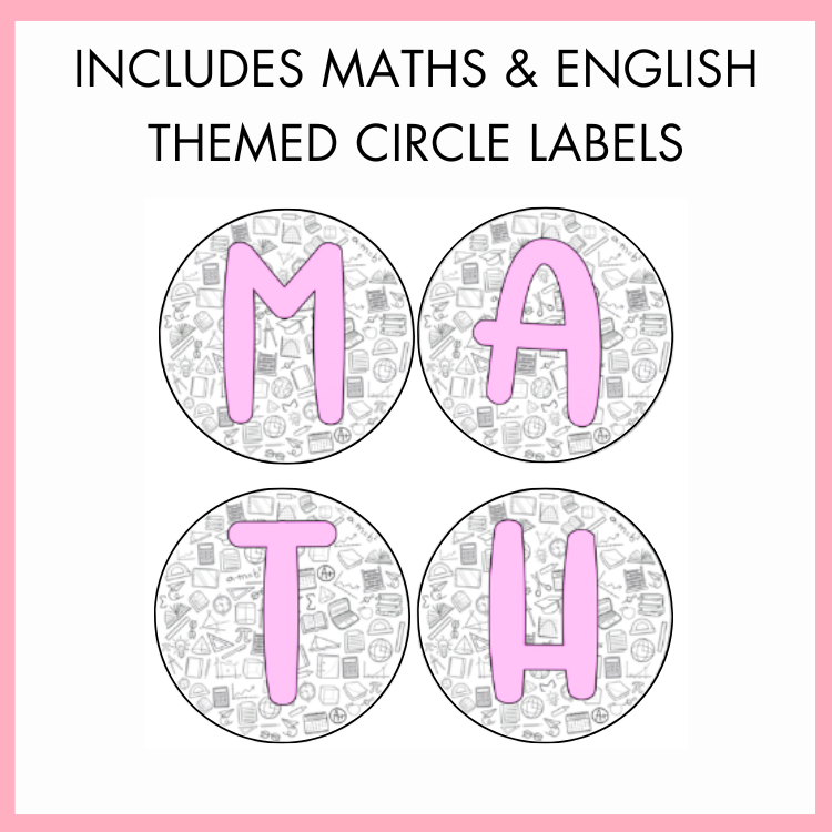 Four circular labels with 'MATH' in pink on a white background, with text 'includes maths and english themed circle labels' framed by a pink border.