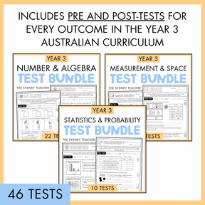 Year 3 Australian Curriculum test bundles for Number & Algebra, Measurement & Space, and Statistics & Probability on a white background with text 'Includes Pre and Post Tests for Every Outcome in the Year 3 Australian Curriculum' with '46 tests' text below.