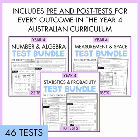 Year 4 Australian Curriculum test bundles for Number & Algebra, Measurement & Space, and Statistics & Probability on a white background with text 'Includes Pre and Post Tests for Every Outcome in the Year 4 Australian Curriculum' with '46 tests' text below.