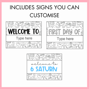 Three back to school signs with different fonts and school supplies icons with text on top that reads 'includes signs you can customise'.