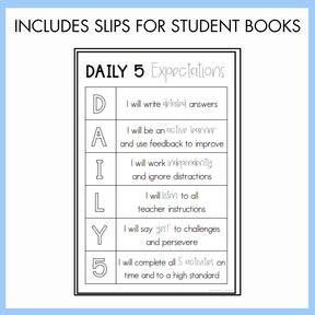 Poster with 'Daily 5 Expectations' for students on a light blue background.