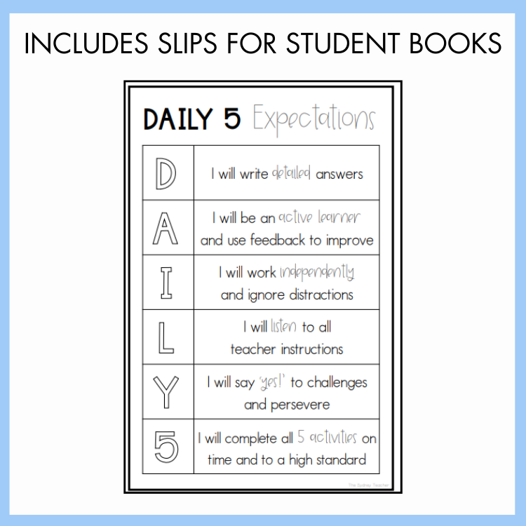 Poster with 'Daily 5 Expectations' for students on a light blue background.