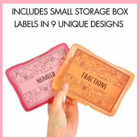 Two small storage boxes labeled 'Number' and 'Fractions' held by a hand against a pink background with text 'Includes small storage box labels in 9 unique designs'.