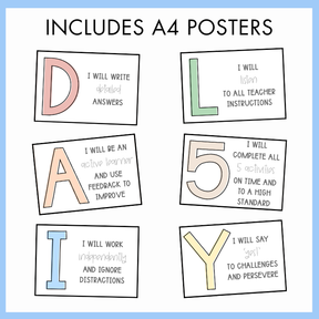 Set of A4 posters with Daily 5 statements on a light blue background.