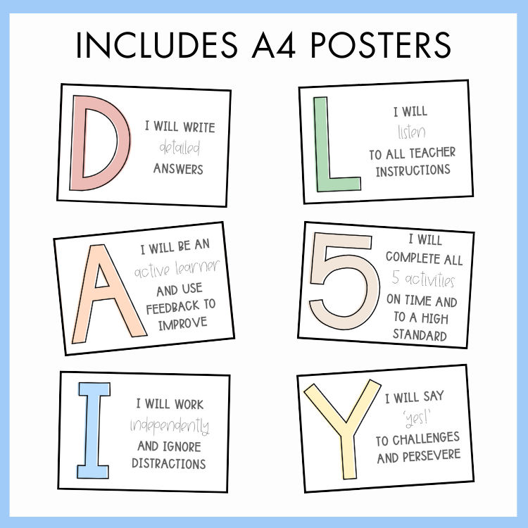 Set of A4 posters with Daily 5 statements on a light blue background.