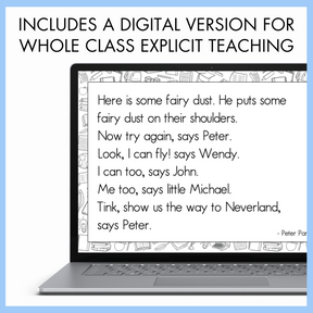 Laptop displaying a text passage with fairy dust and Peter Pan characters on a blue border with text 'Includes a digital version for whole class explicit teaching'.