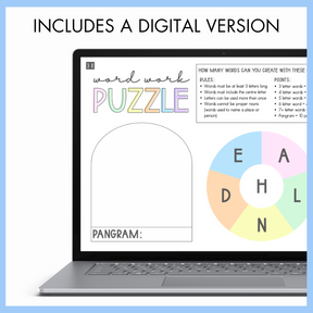 Laptop displaying a word work puzzle on a digital platform with text 'Includes a digital version'.