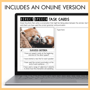 Laptop screen displaying 'Direct Speech Task Cards' with a red panda image and text 'includes an online version'.