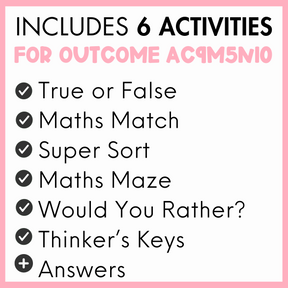 List of 6 activities for outcome AC9M5N10, true or false, maths match, super sort, maths maze, would you rather?, thinker's keys, and answers, with a pink border.