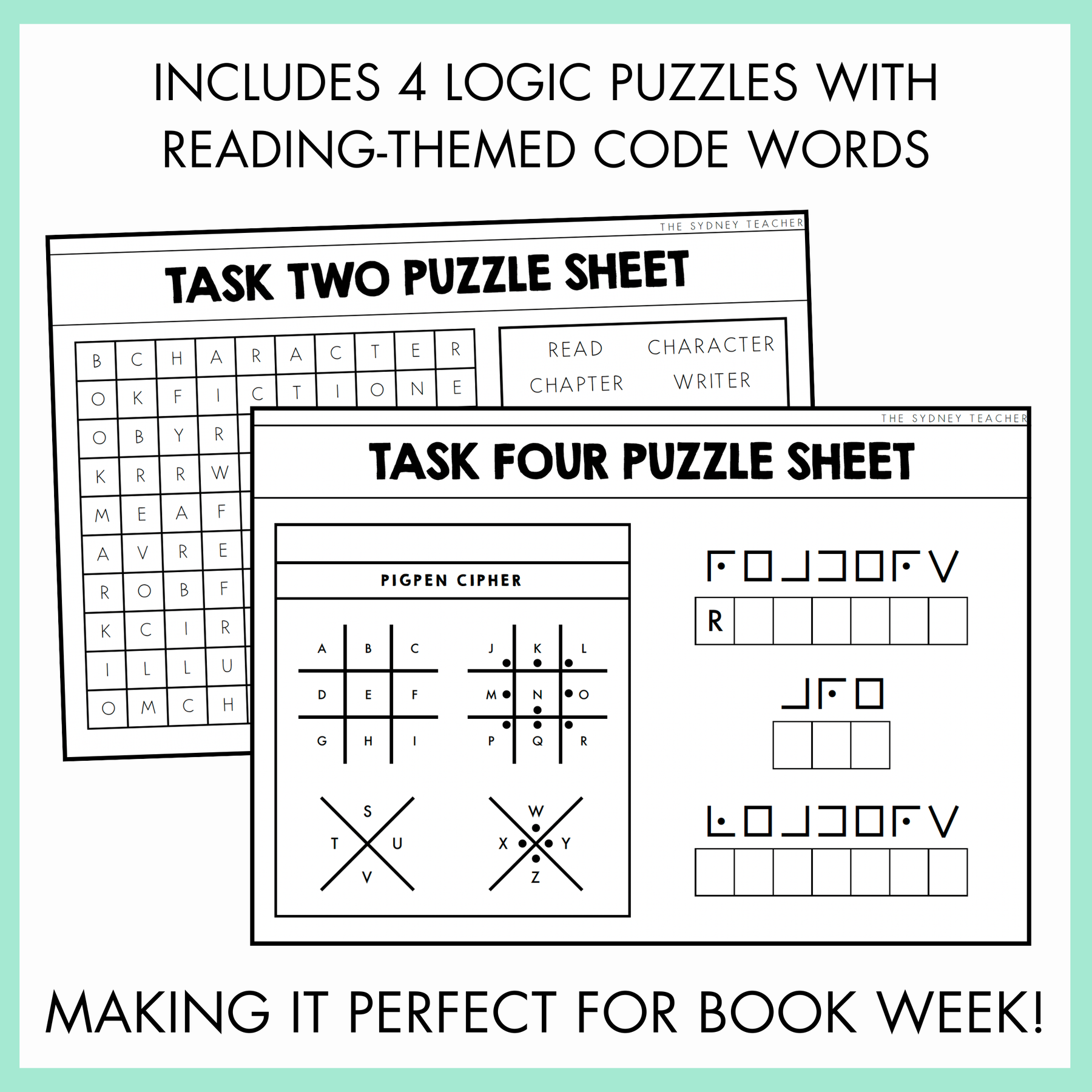 Promotional graphic for a book-themed logic puzzle set, showing sample pages titled Task Two Puzzle Sheet and Task Four Puzzle Sheet with black-and-white puzzle grids and text reading 'Includes 4 logic puzzles with reading-themed code words' and 'Making it perfect for Book Week!'.