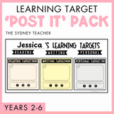 Learning target post-it pack for teachers by The Sydney Teacher with customisable learning targets for reading, writing, and personal on a pink background. 