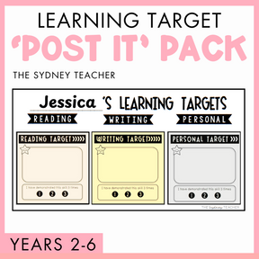 Learning target post-it pack for teachers by The Sydney Teacher with customisable learning targets for reading, writing, and personal on a pink background. 