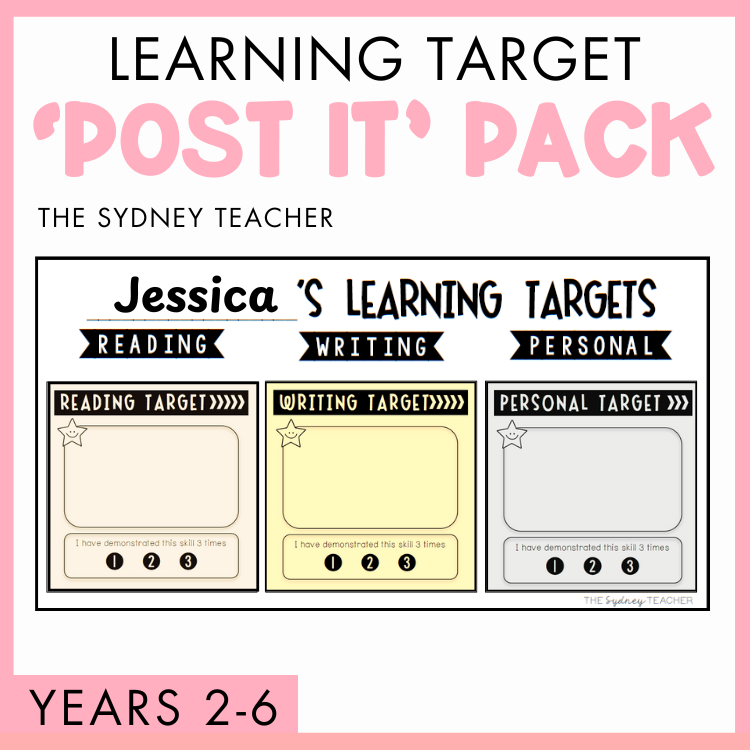 Learning target post-it pack for teachers by The Sydney Teacher with customisable learning targets for reading, writing, and personal on a pink background. 