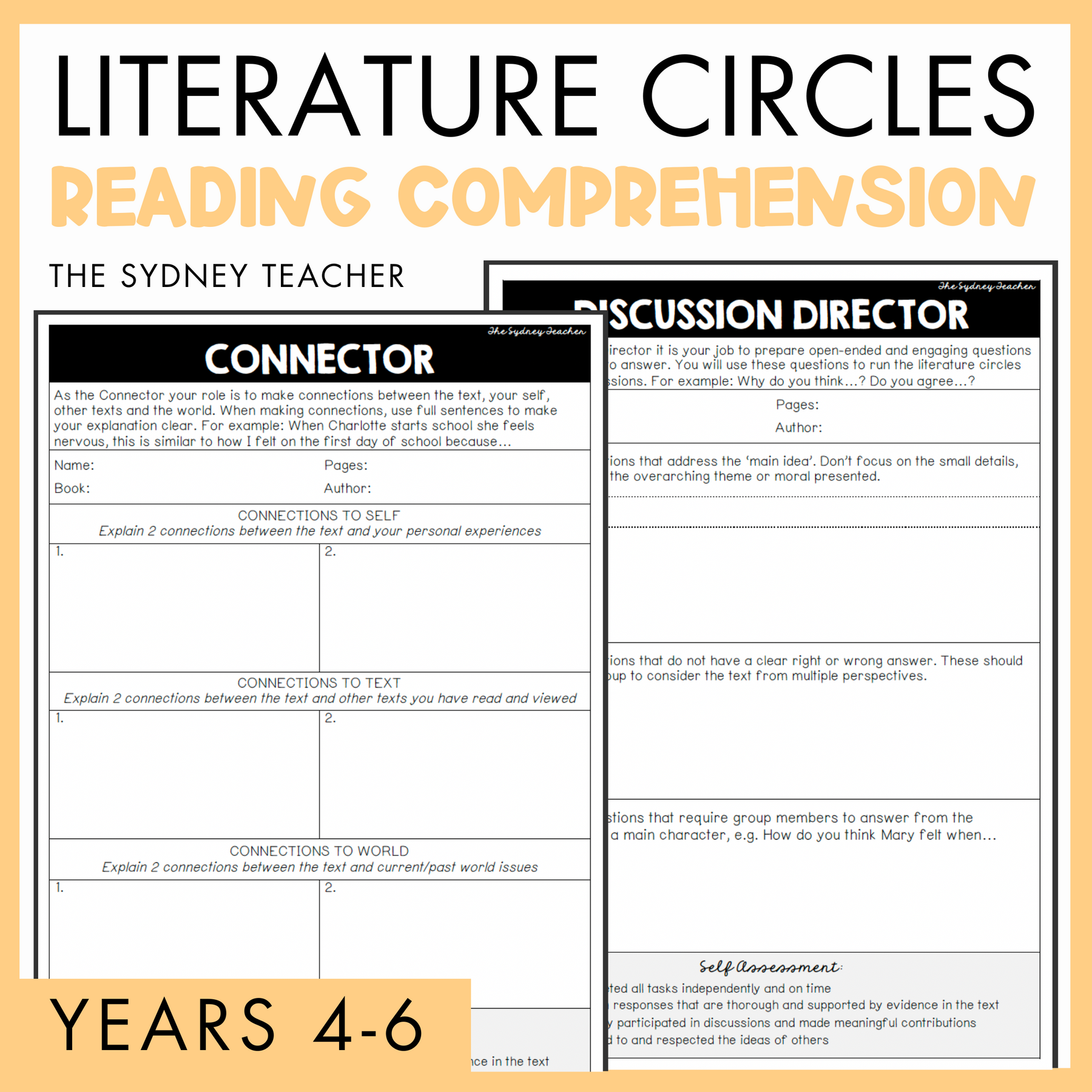 Literature circles reading comprehension pack for Years 4-6 by 'The Sydney Teacher' featuring 'Connector' and 'Discussion Director' worksheets. 