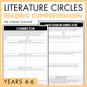 Literature circles reading comprehension pack for Years 4-6 by 'The Sydney Teacher' featuring 'Connector' and 'Discussion Director' worksheets. 