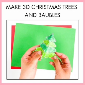 Hands holding a 3D paper Christmas tree against a green and red background with text 'Make 3D Christmas Trees and Baubles'.