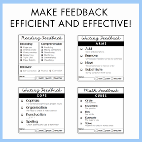 Four sheets with feedback categories for reading, writing, and math on a white background. The text above reads 'Make Feedback Efficient and Effective!'