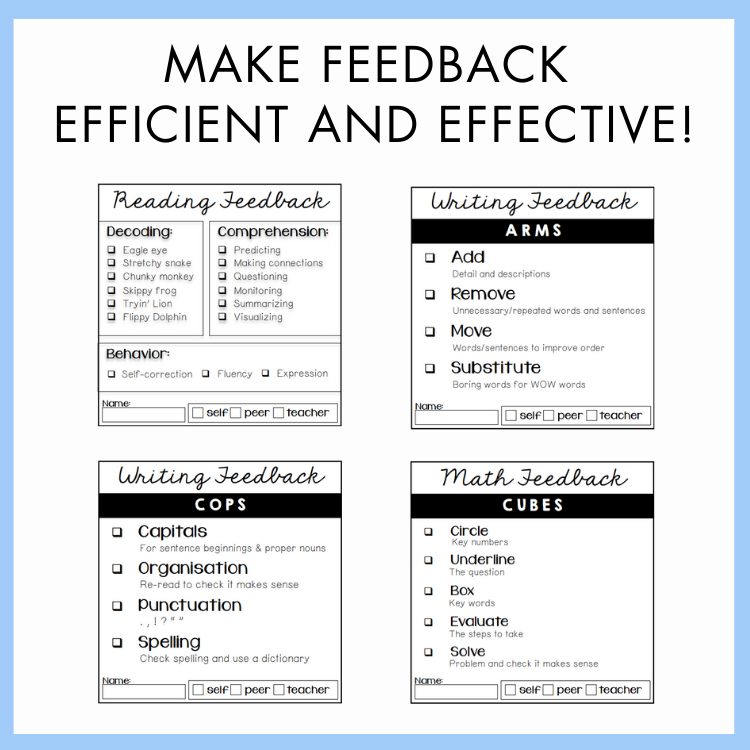 Four sheets with feedback categories for reading, writing, and math on a white background. The text above reads 'Make Feedback Efficient and Effective!'