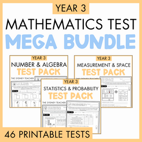 Year 3 Mathematics Test Mega Bundle with test packs for number & algebra, measurement & space, and statistics & probability on a yellow background. Below is a banner with text '46 Printable Tests.'