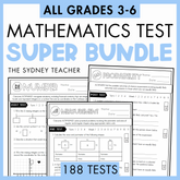 Mathematics test super bundle by The Sydney Teacher for grades 3-6 with multiple test pages displayed for Number, Probability, and Measurement. Below is a light blue banner with text '188 tests'. 