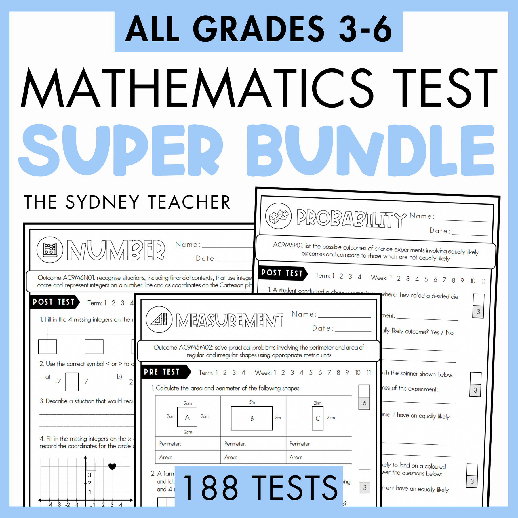 Mathematics test super bundle by The Sydney Teacher for grades 3-6 with multiple test pages displayed for Number, Probability, and Measurement. Below is a light blue banner with text '188 tests'. 