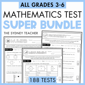 Mathematics test super bundle by The Sydney Teacher for grades 3-6 with multiple test pages displayed for Number, Probability, and Measurement. Below is a light blue banner with text '188 tests'. 