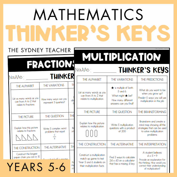 Mathematics Thinker's Keys educational materials for fractions and multiplication by The Sydney Teacher for Years 5-6 with a yellow border.
