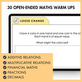 Loose Change maths warm up slide in a tablet featuring a question about coins. At the bottom is a yellow banner with maths areas checklist: additive relations, multiplicative relations, financial maths, fractions, and decimals. 