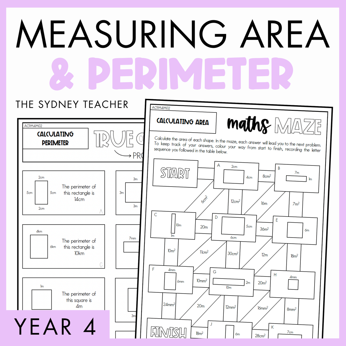 A purple and white educational poster-style graphic for a measuring area and perimeter resource, with large title text at the top 'MEASURING AREA AND PERIMETER', two sample worksheet pages shown in the center, and 'YEAR 4' in a purple box at the bottom left.