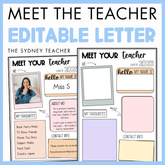 Meet the Teacher editable letter by the Sydney Teacher with customizable template sections on a blue background.
