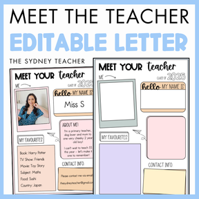 Meet the Teacher editable letter by the Sydney Teacher with customizable template sections on a blue background.