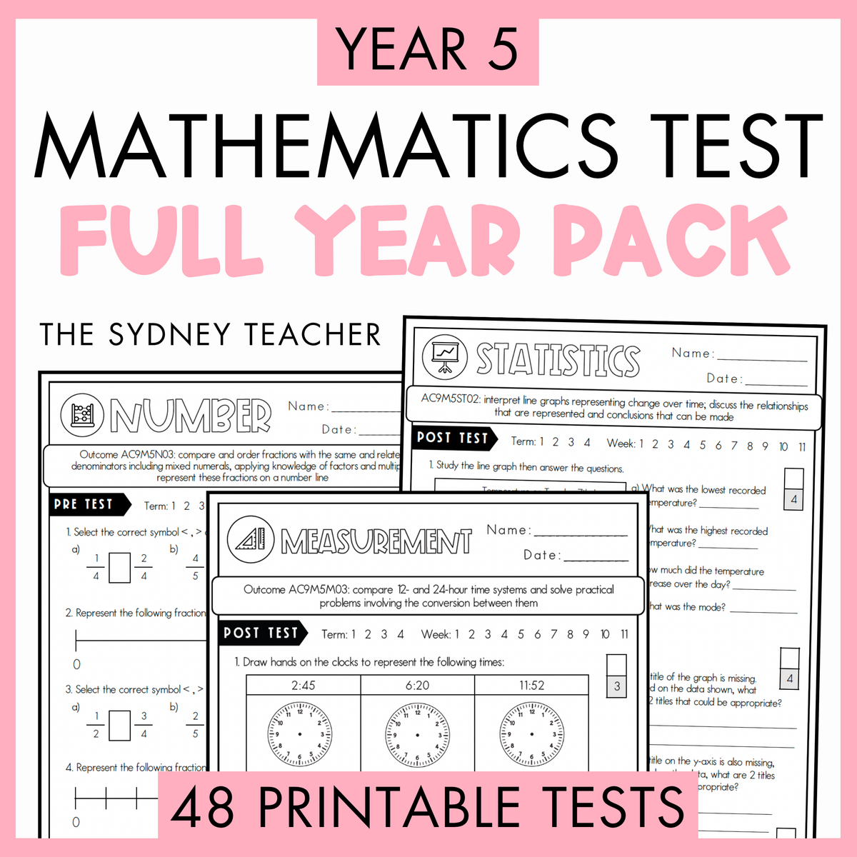 Year 5 Maths Printable Test Pack FULL YEAR - Australian Curriculum V9.0