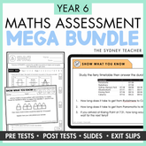 The Ultimate Maths Assessment Bundle for Year 6 by The Sydney Teacher, showing the Mathematics Test Full Year Pack (48 printable tests) and Maths Exit Slips & PowerPoint Slides (192+ slips) on a yellow background.
