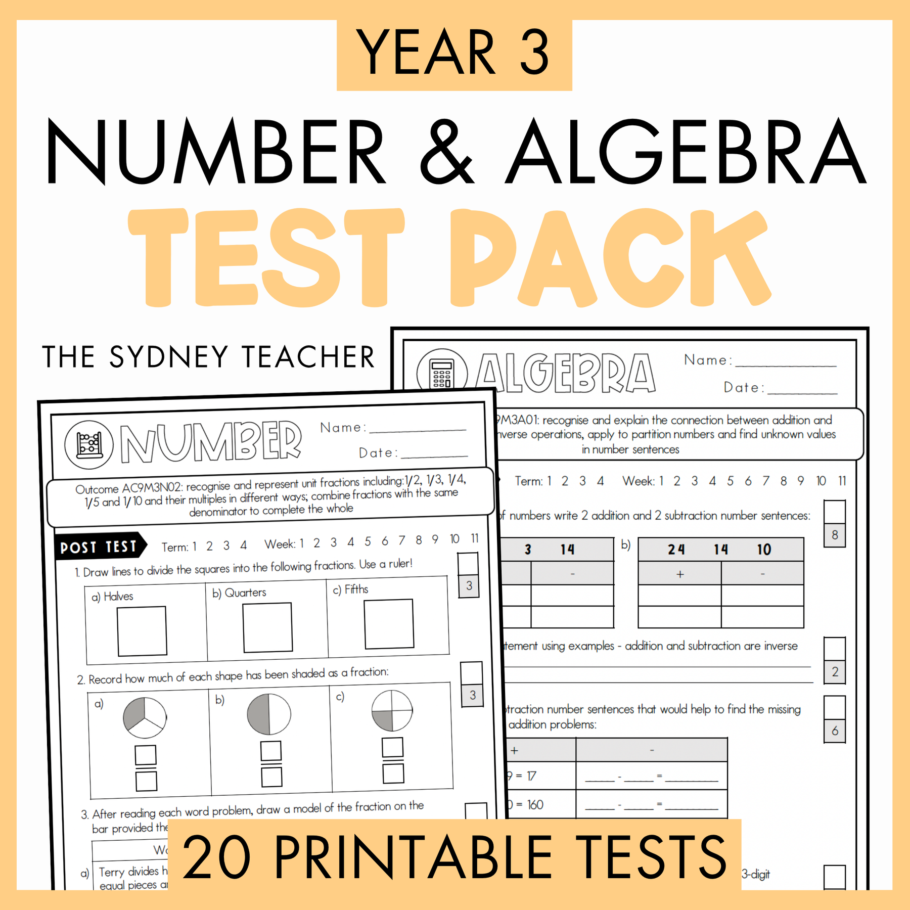 Year 3 Maths Printable Test Pack FULL YEAR - Australian Curriculum V9.0