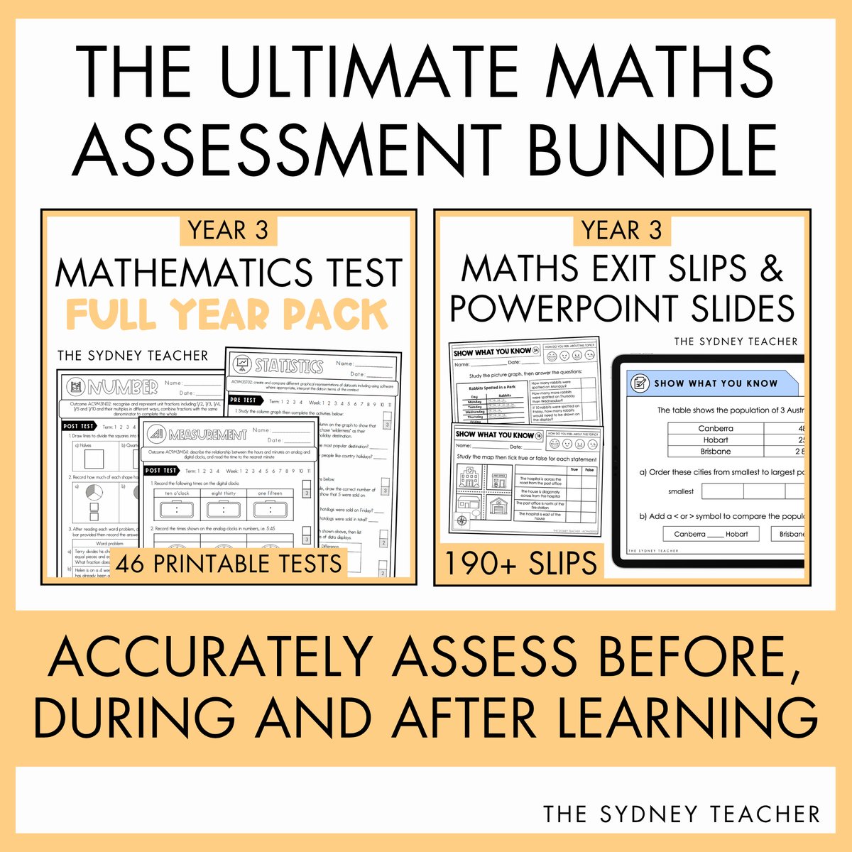 A PowerPoint slide on division worksheets displayed on a laptop screen, with text reading "Includes matching PowerPoint slides that are 100% editable, use during whole class discussions to explicitly teach each skill."