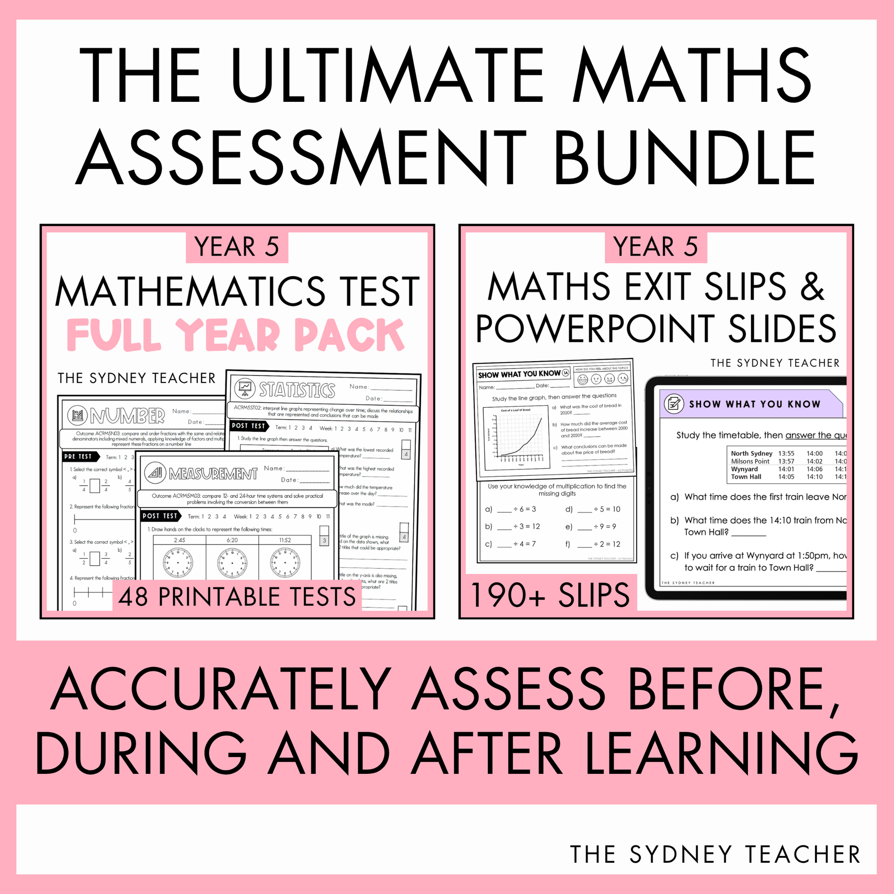 A PowerPoint slide on division worksheets displayed on a laptop screen, with text reading "Includes matching PowerPoint slides that are 100% editable, use during whole class discussions to explicitly teach each skill."