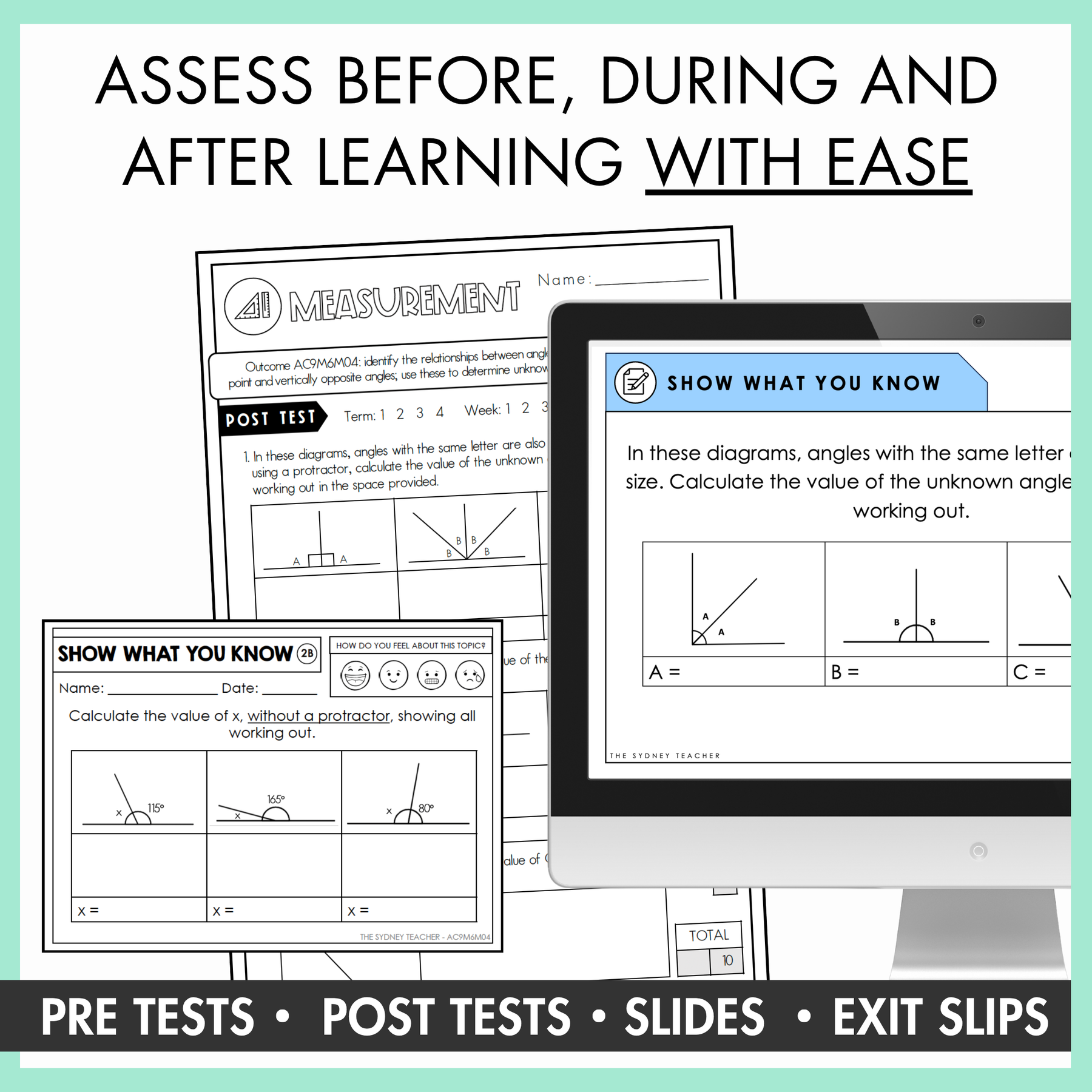 Year 6 Number and Statistics test pages on a yellow background, with text reading "Includes a single page pre and post test for each outcome."
