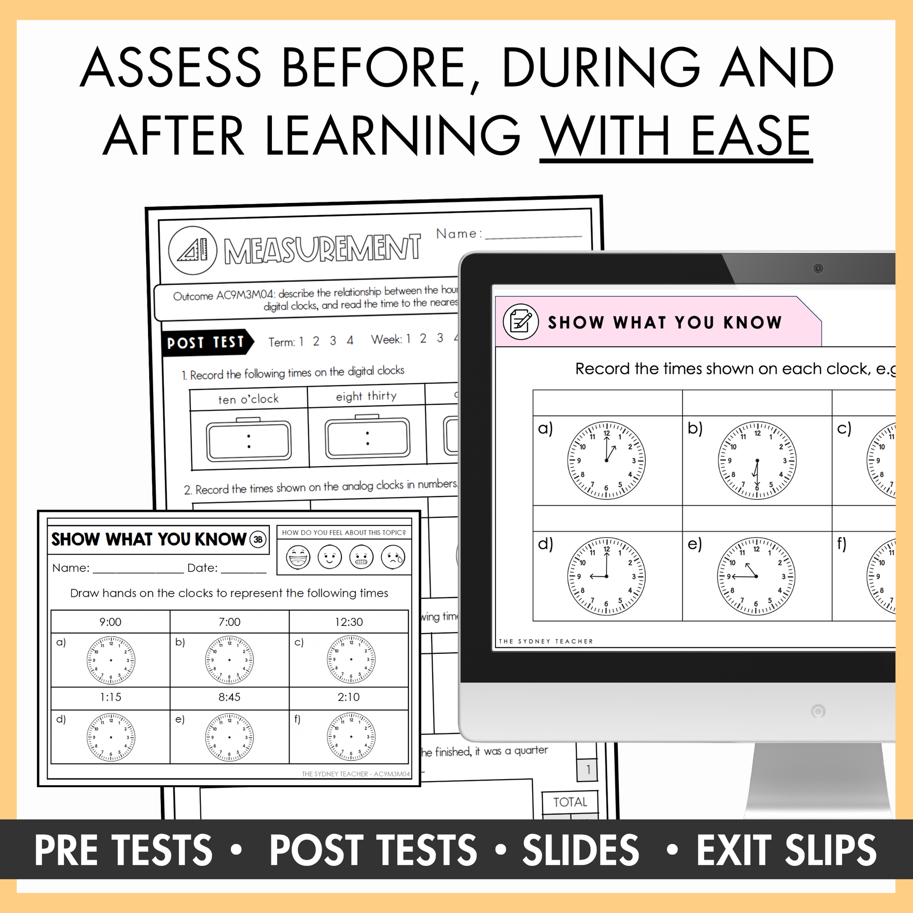Year 3 Number and Statistics test pages on a yellow background, with text reading "Includes a single page pre and post test for each outcome."