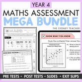 The Ultimate Maths Assessment Bundle for Year 4 by The Sydney Teacher, showing the Mathematics Test Full Year Pack (46 printable tests) and Maths Exit Slips & PowerPoint Slides (190+ slips) on a yellow background.