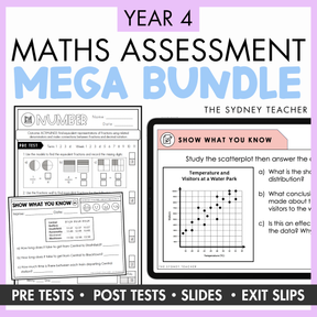 The Ultimate Maths Assessment Bundle for Year 4 by The Sydney Teacher, showing the Mathematics Test Full Year Pack (46 printable tests) and Maths Exit Slips & PowerPoint Slides (190+ slips) on a yellow background.