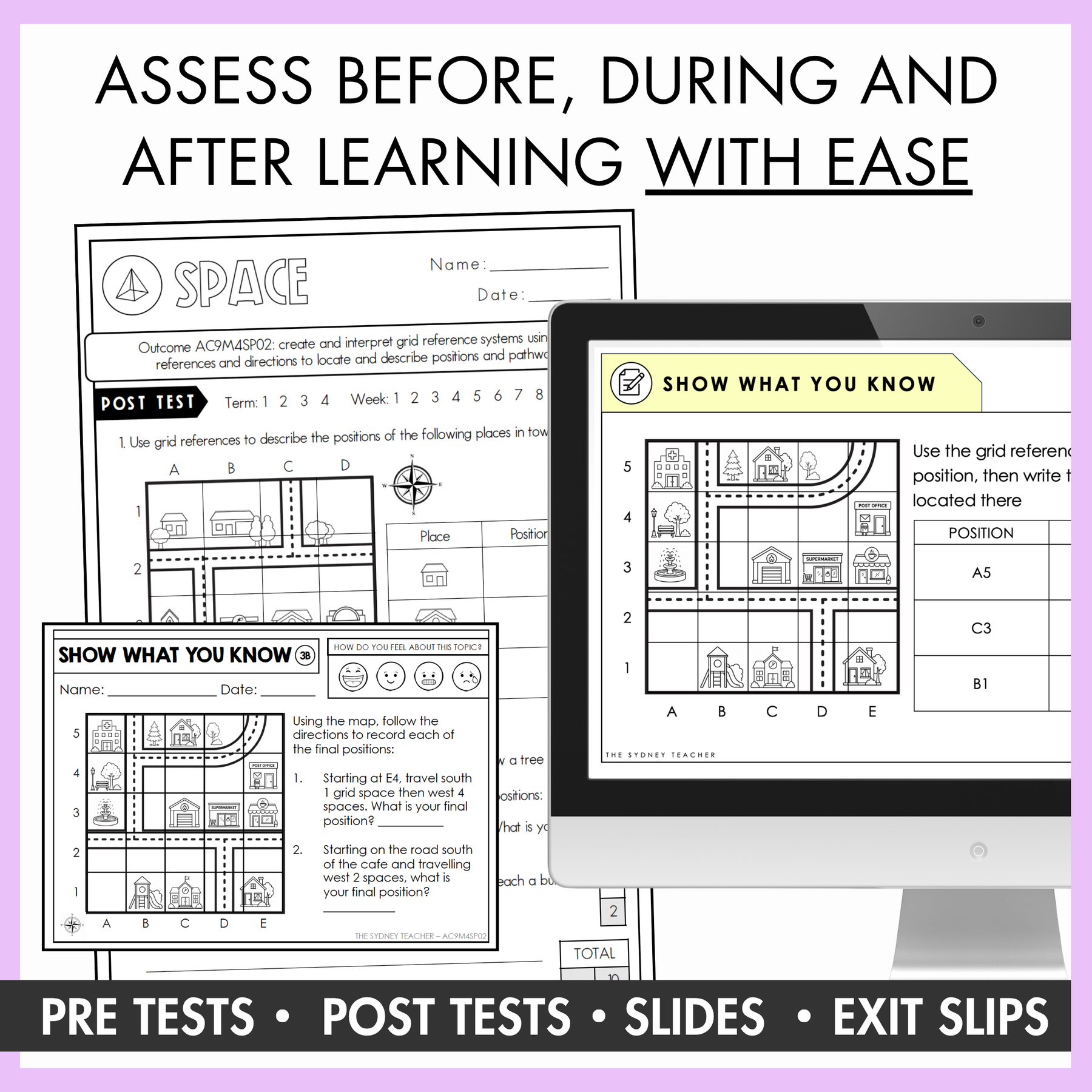 Year 4 test pages on a yellow background, with text reading "Includes a single page pre and post test for each outcome."