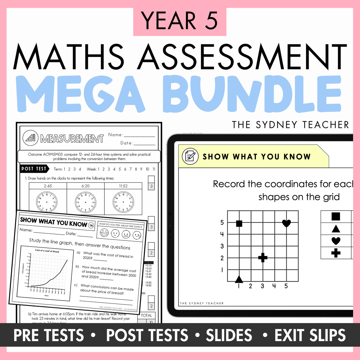 The Ultimate Maths Assessment Bundle for Year 5 by The Sydney Teacher, showing the Mathematics Test Full Year Pack (48 printable tests) and Maths Exit Slips & PowerPoint Slides (192+ slips) on a yellow background.