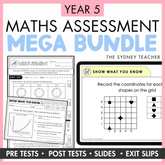 The Ultimate Maths Assessment Bundle for Year 5 by The Sydney Teacher, showing the Mathematics Test Full Year Pack (48 printable tests) and Maths Exit Slips & PowerPoint Slides (192+ slips) on a yellow background.