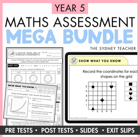 The Ultimate Maths Assessment Bundle for Year 5 by The Sydney Teacher, showing the Mathematics Test Full Year Pack (48 printable tests) and Maths Exit Slips & PowerPoint Slides (192+ slips) on a yellow background.