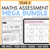 The Ultimate Maths Assessment Bundle for Year 3 by The Sydney Teacher, showing the Mathematics Test Full Year Pack (46 printable tests) and Maths Exit Slips & PowerPoint Slides (190+ slips) on a yellow background.